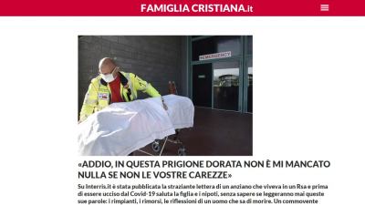 Famiglia Cristiana pubblica questo articolo: 'Addio, in questa prigione dorata non mi è mancato nulla se non le vostre carezze', la lettera di un anziano di 81 deceduto in una Rsa inviata alla famiglia